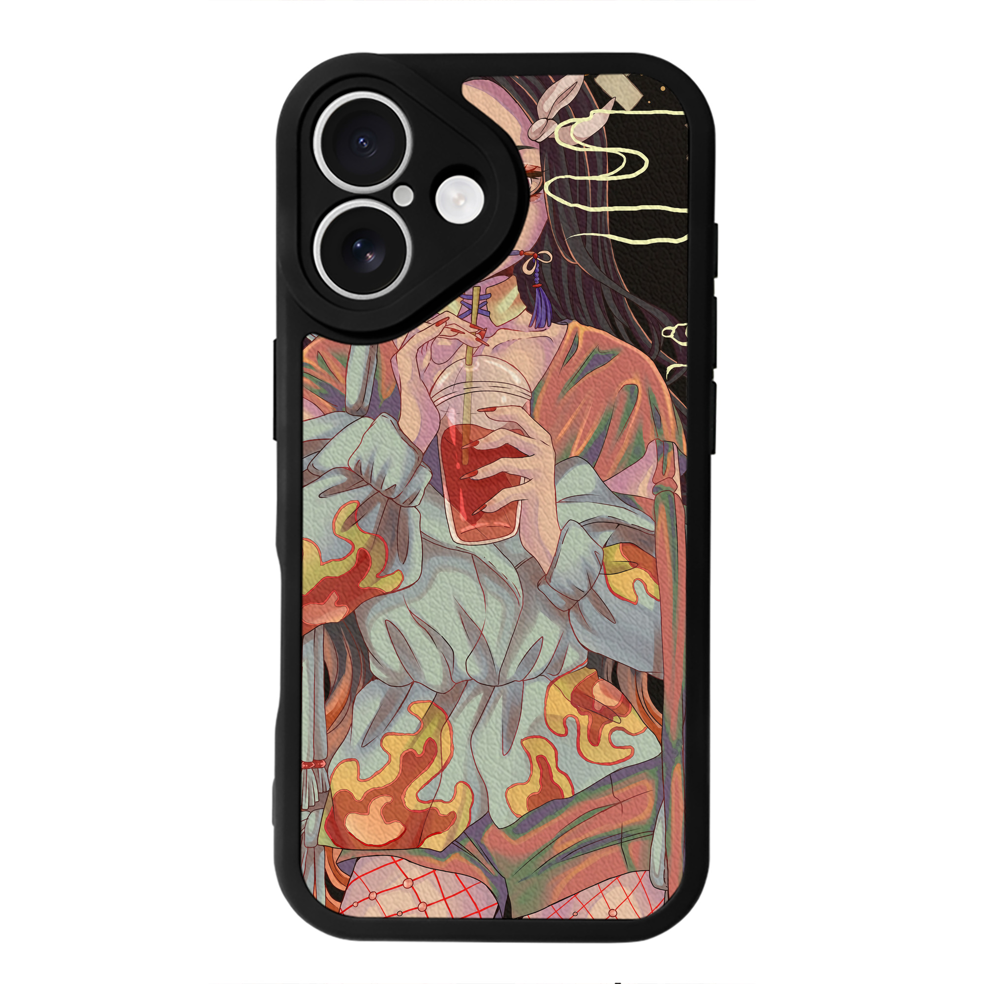 （画像用） 鬼滅の刃（きめつのやいば）竈門 禰󠄀豆子／かまど ねずこ Kamado Nezuko 【iPhone 16シリーズ対応】シリコンスマホケース（レザー調） 材質：シリコン